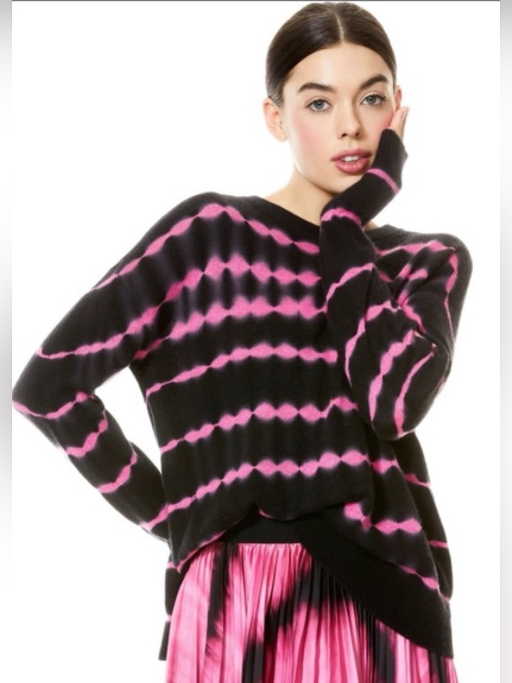Alice + Olivia Gleeson Tie Dye 98% Cashmere Pink & Black Crew Neck Sweater